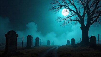 Eerie graveyard under a luminous full moon casts a haunting glow on weathered tombstones, creating a chilling, atmospheric scene perfect for spooky storytelling.