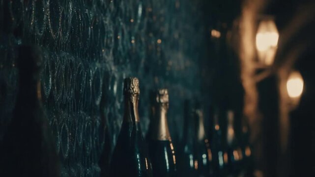 Row of Vintage Champagne Bottles Stored in a Dark Cellar with Warm Lighting.