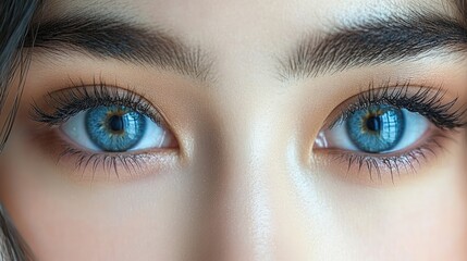 Fototapeta premium Close-up of a woman's beautiful blue eyes with defined eyebrows and long lashes.