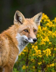 Fototapeta premium Red fox portrait with vibrant yellow flowers