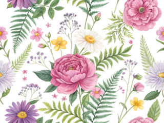 Lush watercolor floral seamless pattern with blooming pink roses, white daisies, and abundant botanical green foliage.
