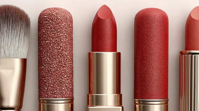 Makeup brush and red lipsticks with textured cases on white background Keywords: makeup