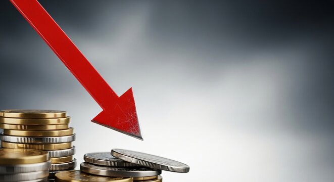 A red arrow points down towards stacks of coins against a blurred gray background