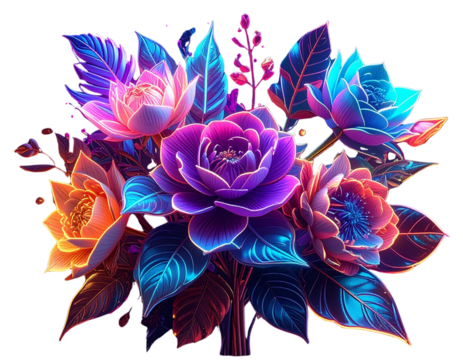 Fantasy 3D Botanical Bouquet with Glowing Flowers PNG - Powered by Adobe