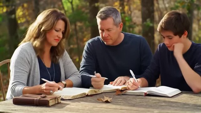 Family Bible Study Outdoors: Mother, Father, and Son Writing Together