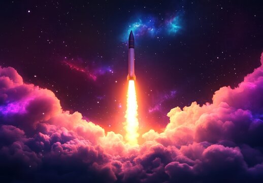 Spectacular Rocket Launch Amidst Colorful Clouds and Distant Stars