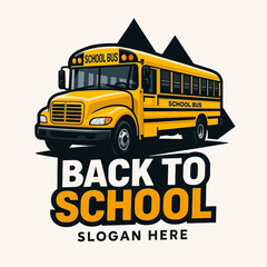 Vibrant Yellow School Bus Illustration with 'Back to School' Text on White Background