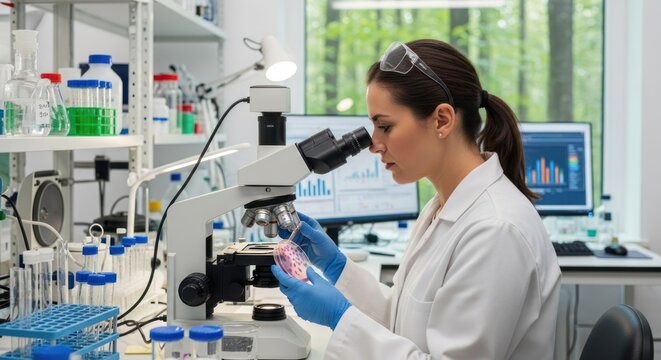 A woman in a lab coat using a microscope in a laboratory with green and blue test tubes in the background.