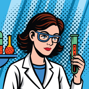 Female Scientist Holding Test Tube in Pop Art Style