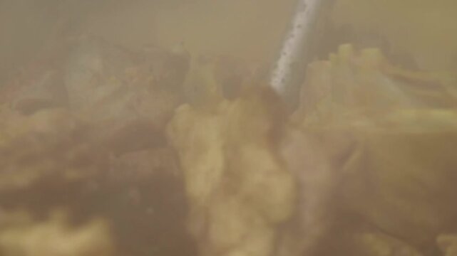 Closeup shot of cooking mutton curry. Preparing Indian mutton curry.