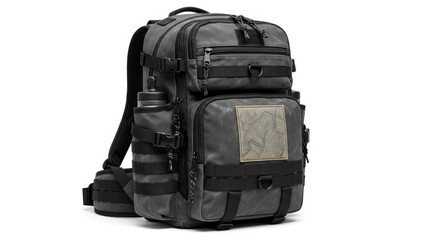 A dark gray utility backpack features multiple zippered compartments adjustable straps buckles a side water bottle and a subtle pattern patch