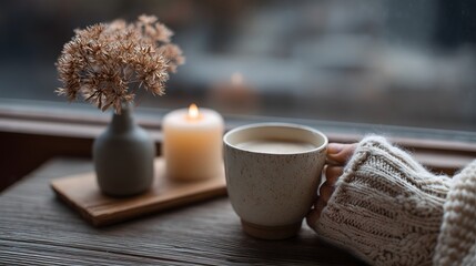 Cozy moment with coffee and candle by the window