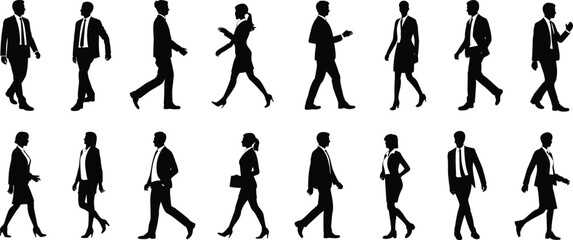 Business professional silhouette icon set with walking and standing poses, vector illustration for workplace themes, career movement, corporate design, and team dynamics