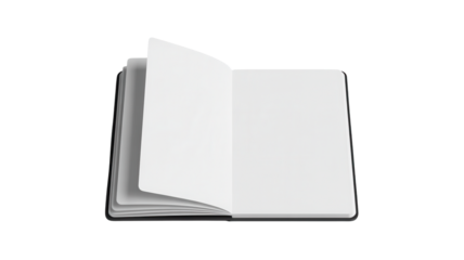 An open blank book with white pages and a black background ready for creative use