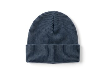 A dark grey knitted winter cap featuring a ribbed design and a folded cuff presented on a white background