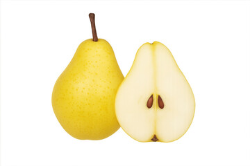 Yellow pear whole and half showing seeds