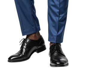 Close-Up of Black Leather Dress Shoes on Man&rsquo;s Feet Walking in Light Blue Pants