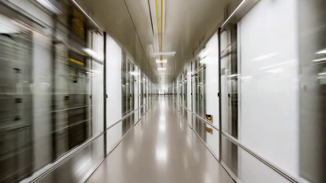 Motion blur captures a fast journey through a modern, sterile laboratory hallway.