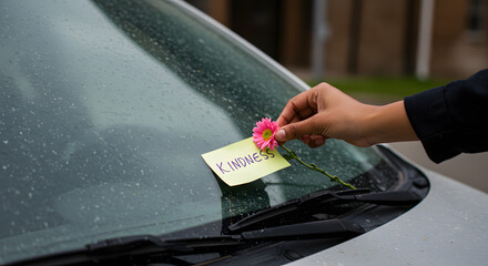 Act of Kindness with Flower and Note on Car Windshield. 
