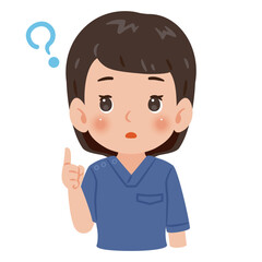 青色のスクラブを着た疑問を持つ女性　上半身イラスト／Confused wearing blue scrubs　upper body illustration