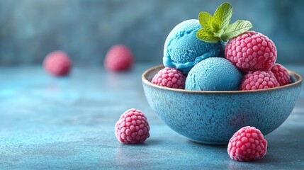 Blue ice cream scoops and frozen raspberries in a teal bowl.