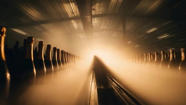 Rows of Champagne Bottles Illuminated by Golden Light in a Misty Cellar.