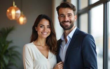 Young smiling business woman and business man. High quality