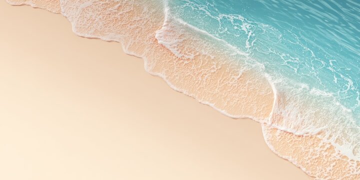 Aerial view of a sandy beach meeting crystal clear turquoise ocean water with foamy waves