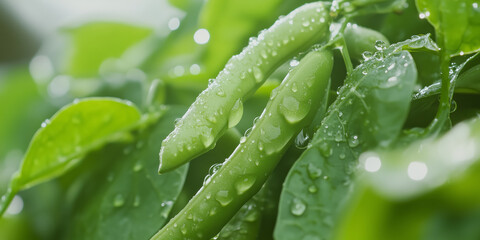 Macro shot of green beans with water droplets on leaves, showcasing freshness and vitality in lush garden setting