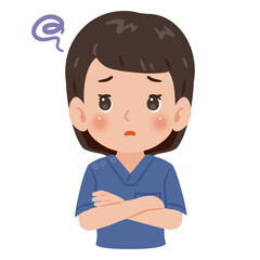 青色のスクラブを着た困る女性　上半身イラスト／ Troubled woman wearing blue scrubs　upper body illustration