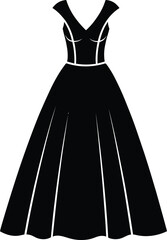 Evening gown icon, formal dress silhouette, deep V-neckline, pleated full skirt, black line art, minimal fashion style, elegant outfit