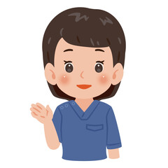 青色のスクラブを着た案内する女性　上半身イラスト／Woman wearing blue scrubs guiding　upper body illustration