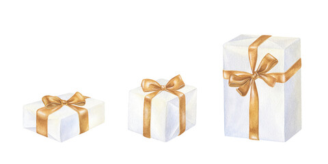 Set of white and gold Gift Boxes with bows. Watercolor illustration of a birthday or Christmas present. Hand drawn vintage sketch on white isolated background. Water color painting art image