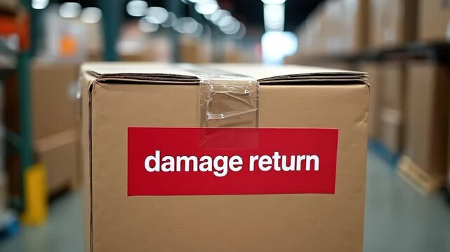 Cardboard box labeled damage return in a warehouse storage facility background