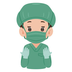 緑色の手術着を着た女性　上半身イラスト／Woman wearing green surgical gown　upper body illustration