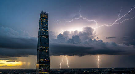 Tall skyscraper illuminated against a dramatic lightning storm with flashes of light and dark clouds, showcasing the power of nature over architecture