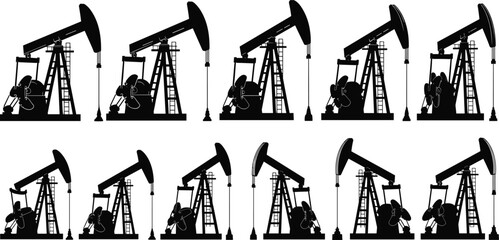 Oil pumpjack icon set, silhouette extraction equipment, black graphic sequence, industrial machinery, crude oil operation, minimal style, energy symbol