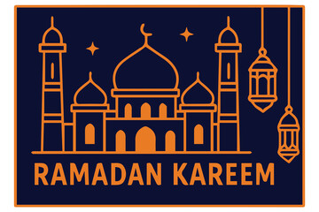 Elegant minimalist vector artwork displaying Ramadan Kareem lettering, highlighted in golden yellow against purple background, representing harmony, devotion, and festive beauty.