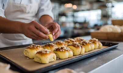 close up of the hands of a pastery chef dropping sliced almond halfs on top of unbaked swedish cinnamon rolls, the rolls are son a baking tray
