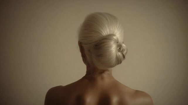 Elegant elderly woman with classic updo hairstyle, soft lighting.