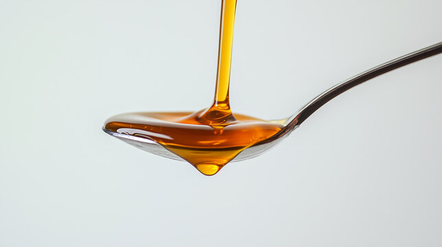 Spoonful of clear, transparent amber liquid drips gracefully, showcasing its smooth texture and rich color