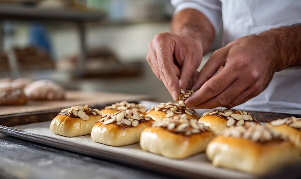 close up of the hands of a pastery chef dropping sliced almond halfs on top of unbaked swedish cinnamon rolls, the rolls are son a baking tray