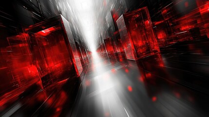 Abstract red glass cubes in a futuristic corridor.