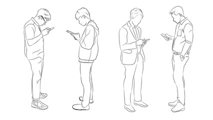 Outline vector illustration of four men looking at their smartphones. Concept of social networking, digital addiction, and modern communication