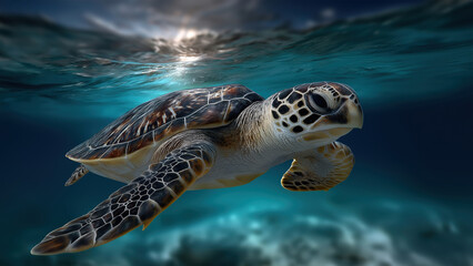 Fototapeta premium Sea turtle swimming gracefully in clear ocean water