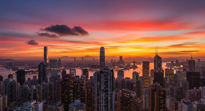 A breathtaking sunset paints the sky with vibrant colors over the hong kong skyline, showcasing the citys modern architecture and bustling harbor - Powered by Adobe