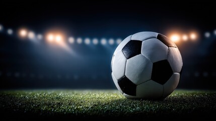 Naklejka premium A close-up of a soccer ball on grass, illuminated by stadium lights, set against a dark background, evoking a sense of anticipation and excitement for the game.