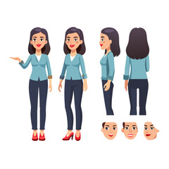 Woman character creator. Facial expression, hand gestures. Front, back, side and three-quarter view.