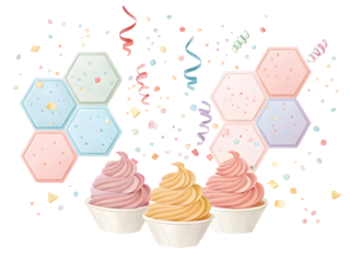 Group of soft serve desserts with pastel honeycomb shapes and vibrant abstract celebration elements isolated on transparent background