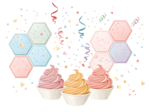 Group of soft serve desserts with pastel honeycomb shapes and vibrant abstract celebration elements isolated on transparent background - Powered by Adobe